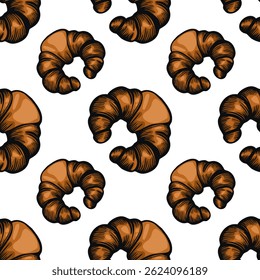 A vector seamless pattern featuring hand-drawn croissants in a rich brown color on a white background. The croissants are stylized with intricate details, showcasing their flaky texture.