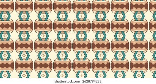 Vector seamless pattern featuring hand-drawn tribal pottery vases with zigzag motifs and geometric teal connectors.