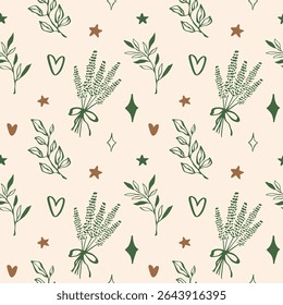 Vector seamless pattern featuring hand-drawn lavender, leaves, hearts, and stars. Aesthetic and minimalist design perfect for textiles, packaging, wallpapers, and digital projects