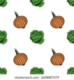 A vector seamless pattern featuring illustrated onions and cabbages on a white background. The onions are brown with green sprouts, while the cabbages are vibrant green and leafy.