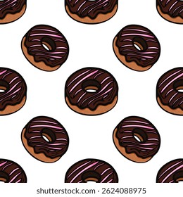 A vector seamless pattern featuring illustrated donuts with chocolate frosting and pink icing on a white background. The donuts are evenly spaced, creating a playful and appetizing design.