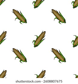 A vector seamless pattern featuring illustrations of corn on the cob, with green husks and yellow kernels, set against a white background.