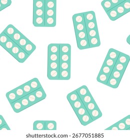 Vetor padrão sem emenda apresentando bolhas verde hortelã de comprimidos em um fundo branco limpo. Design médico moderno para embalagens de farmácia, marca de saúde, papel de parede e impressão