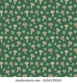 Vector seamless pattern featuring mushrooms and flowers on a green background