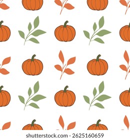 A vector seamless pattern featuring orange pumpkins, green leaves, and orange foliage on a white background, ideal for autumn-themed designs.