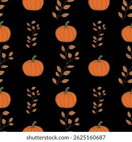 A vector seamless pattern featuring orange pumpkins and delicate leaves on a black background. The design is perfect for autumn-themed decor, textiles, or seasonal crafts.