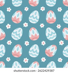 Vector seamless pattern featuring pastel easter eggs and white flowers on a teal background