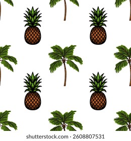 A vector seamless pattern featuring pineapples and palm trees on a white background. The pineapples are illustrated with a brown body and green leaves, while the palm trees have a brown trunk