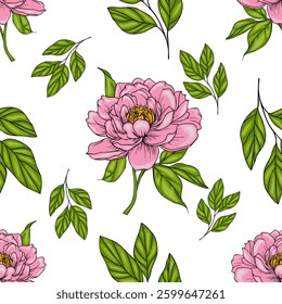 A vector seamless pattern featuring pink peonies and green leaves on a white background. The flowers are detailed and vibrant, surrounded by various leaf shapes, creating a fresh and floral design.