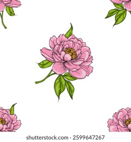 A vector seamless pattern featuring pink peony flowers with green leaves on a white background. The design showcases the beauty of the peony in a decorative style.