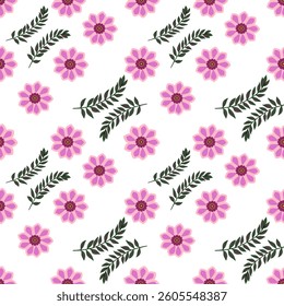 A vector seamless pattern featuring pink flowers and green leaves on a white background. The flowers have a simple design with a dark center and petals in varying shades of pink.