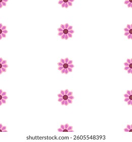 A vector seamless pattern featuring pink flowers with brown centers on a white background. The flowers are evenly spaced, creating a cheerful and vibrant design.