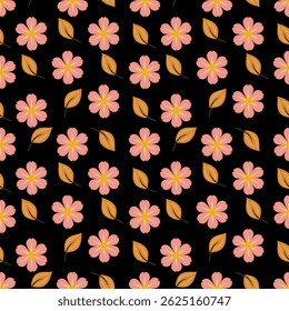 A vector seamless pattern featuring pink flowers and orange leaves on a black background. The design is vibrant and suitable for textiles, wallpapers, or decorative items.