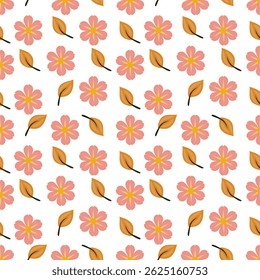 A vector seamless pattern featuring pink flowers and orange leaves on a white background. The flowers have yellow centers and are arranged in a balanced, repeating design.