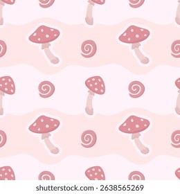 Vector seamless pattern featuring pink fly agaric mushrooms and swirls on a light background