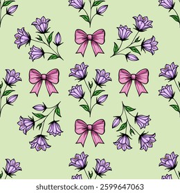 A vector seamless pattern featuring purple bellbellflowers and pink bows on a light green background. The design is whimsical and floral, suitable for fabric or wallpaper.
