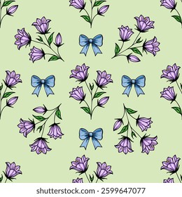 A vector seamless pattern featuring purple bellbellflowers and blue bows on a light green background. The design is playful and floral, suitable for textiles or wallpapers.