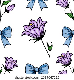A vector seamless pattern featuring purple bellbellflowers and blue bows on a white background. The bellbellflowers are stylized with delicate petals and green leaves.