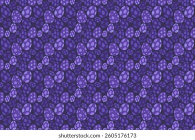 Vector seamless pattern featuring purple easter eggs with polka dots on a dark background