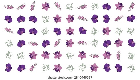 vector seamless pattern featuring purple orchid flowers and tropical botanical elements on white background ideal for spring textile design and elegant fashion prints