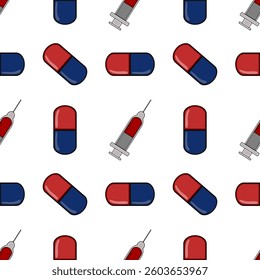 A vector seamless pattern featuring red and blue capsules and syringes on a white background. The design is playful and suitable for medical or pharmaceutical themes.