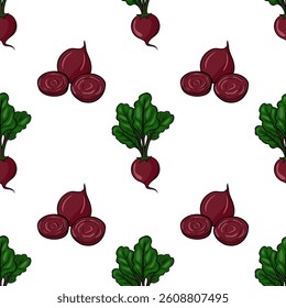 A vector seamless pattern featuring red beetroots with green leaves, arranged in a repetitive design on a white background.