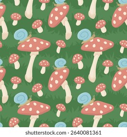 Vector seamless pattern featuring red fly agaric mushrooms and blue snails on a dark green background