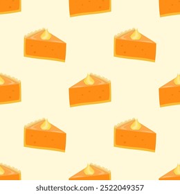 Vector seamless pattern featuring slices of pumpkin pie on a beige-yellow background in a 3D vector style. Perfect for autumn packaging, textiles, kitchen decor, and Thanksgiving celebrations