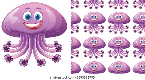 Vector seamless pattern featuring smiling purple jellyfish cartoon character illustration