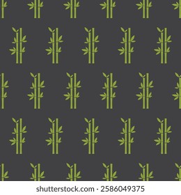 Vector seamless pattern featuring stylized bamboo stalks and leaves in a vibrant green against a dark gray background. Illustration.