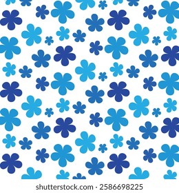 Vector seamless pattern featuring stylized blue daisy flowers on a clean white background. illustration.