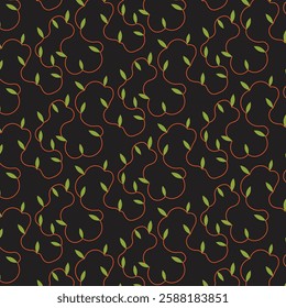 Vector seamless pattern featuring stylized green leaves and flowing coral or orange lines on a dark gray or black background. Illustration.