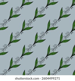 A vector seamless pattern featuring stylized green leaves and small white flowers on a softblue background. The design is intricate and suitable for textiles or wallpapers.
