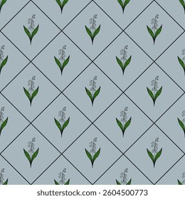 A vector seamless pattern featuring stylized green plants with delicate white flowers on a light blue background. The design is arranged in a diamond grid layout, creating a harmonious look.