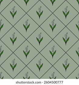 A vector seamless pattern featuring stylized green leaves and delicate white flowers arranged in a diamond grid on a muted green background.