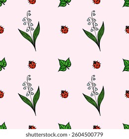 A vector seamless pattern featuring stylized flowers, green leaves, and ladybugs on a soft pink background. The design is playful and vibrant, suitable for textiles or wallpapers.