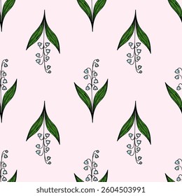 A vector seamless pattern featuring stylized lily of the valley flowers with green leaves on a soft pink background.