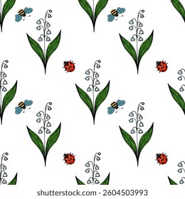 A vector seamless pattern featuring stylized flowers, bees, and ladybugs. The design includes green leaves, white lily of the valley flowers, blue bees, and red ladybugs on a white background.