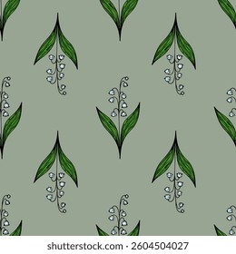 A vector seamless pattern featuring stylized lily of the valley flowers with green leaves on a muted green background.