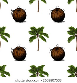 A vector seamless pattern featuring stylized coconut trees and coconuts. The design includes green palm leaves and brown coconuts against a white background, creating a tropical vibe.
