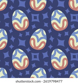 Vector seamless pattern featuring stylized easter eggs in blue, red, and yellow tones