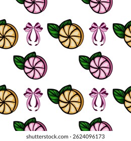 A vector seamless pattern featuring stylized fruit slices, including orange and pink citrus, along with green leaves and decorative bows in pink. The design is playful and vibrant