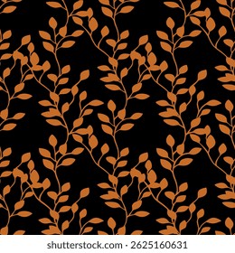 A vector seamless pattern featuring stylized branches with leaves in warm orange tones on a black background. The design is elegant and suitable for textiles or wallpapers.