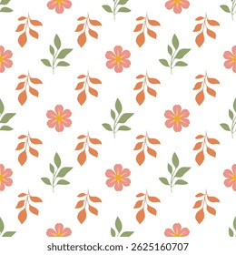 A vector seamless pattern featuring stylized flowers and leaves in soft colors. The design includes pink flowers, orange leaves, and green foliage on a white background