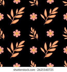 A vector seamless pattern featuring stylized orange leaves and pink flowers on a black background. The design is vibrant and modern, suitable for textiles or wallpapers.