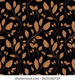 A vector seamless pattern featuring stylized leaves and branches in warm brown tones on a black background, creating a modern and elegant design.