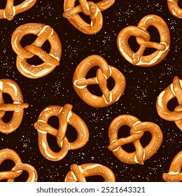 A vector seamless pattern featuring traditional german pretzels on a dark background, perfect for festive designs and Oktoberfest celebrations.