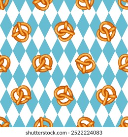 A vector seamless pattern featuring traditional German pretzels on a Bavarian Background, perfect for festive designs and Oktoberfest celebrations