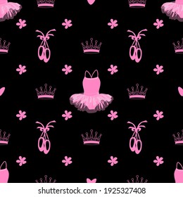 vector seamless pattern featuring tutu, pointe shoes, crowns and flowers on a black background