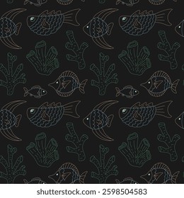 Vector seamless pattern featuring a variety of colorful fish and coral reefs on a dark background